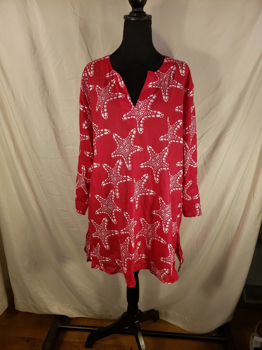 Kikisol Red Starfish Print Swim Coverup Tunic  XXL